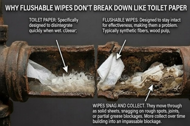 Graphic showing toilet paper vs flushable wipes breaking down in pipe.